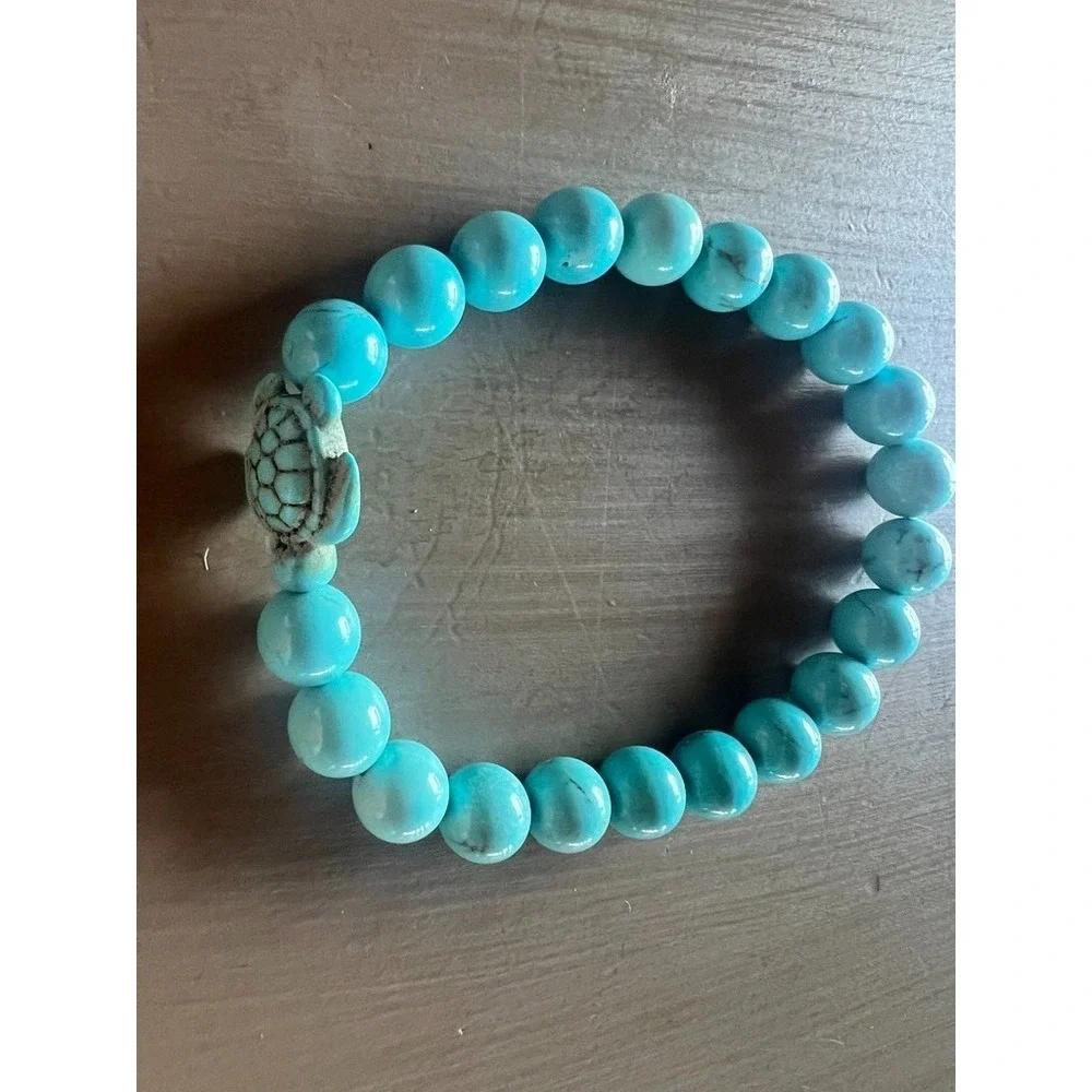 Turquoise Tone Stone Turtle Stretch Bracelet Boho Coastal Beach Jewelry Ocean‎